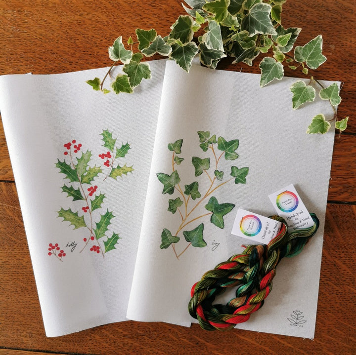 Dee Hardwicke Watercolour Sampler Cloths and Paint Box Thread twists - Holly & Ivy