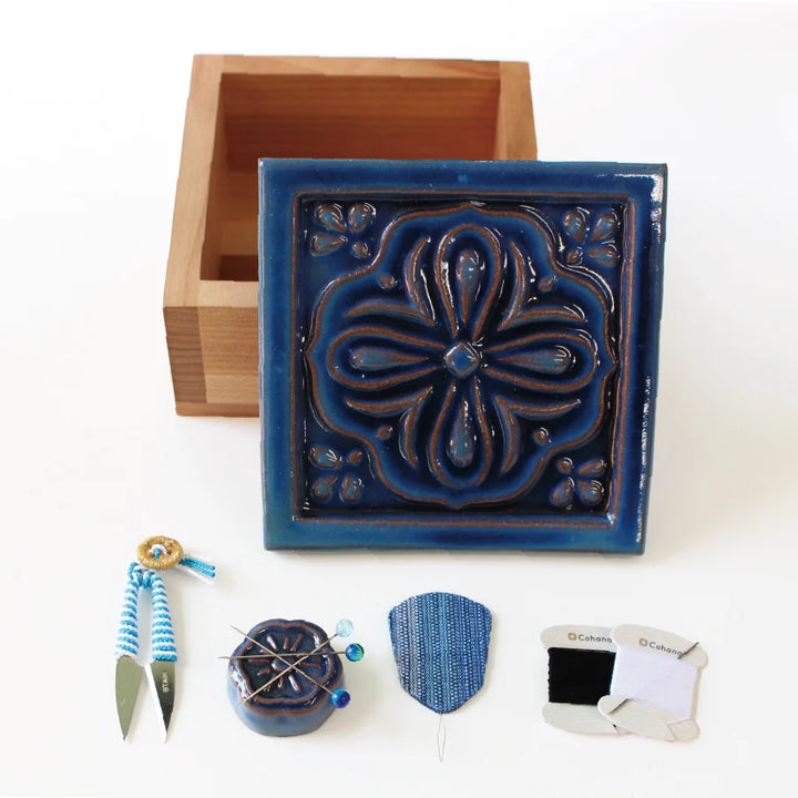 Cohana Japan Blue Ceramic Tile Box and Sewing Set