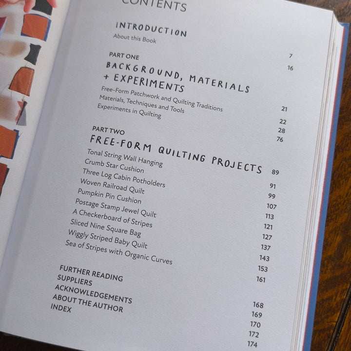 Table of contents page of a book on quilting with visible text and layout.