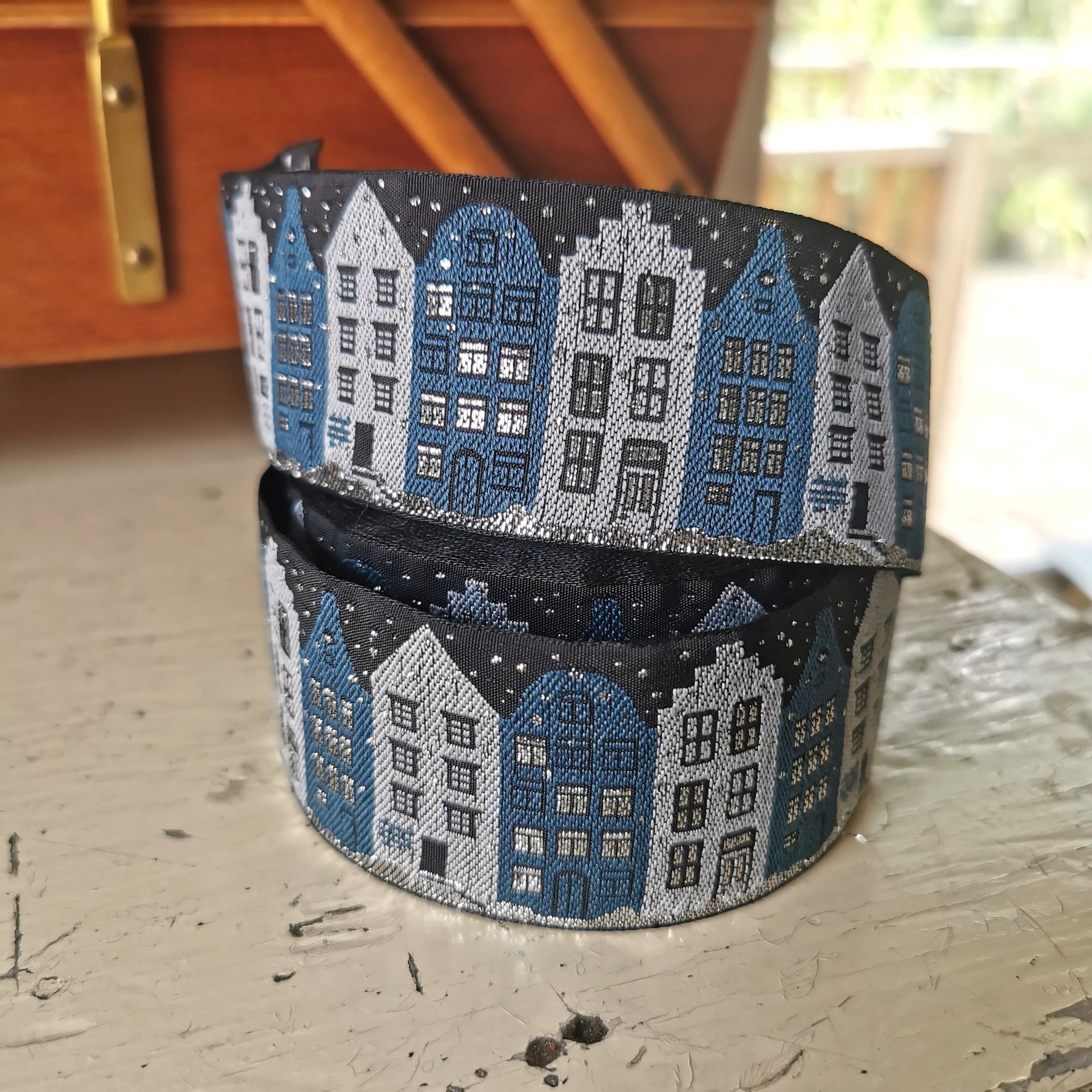 Kafka Winter Houses Ribbon 40mm wide, per 50cm length Beyond Measure