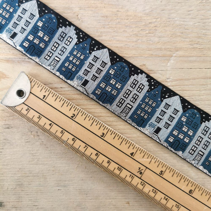 Kafka Winter Houses Ribbon - 40mm wide, per 50cm length