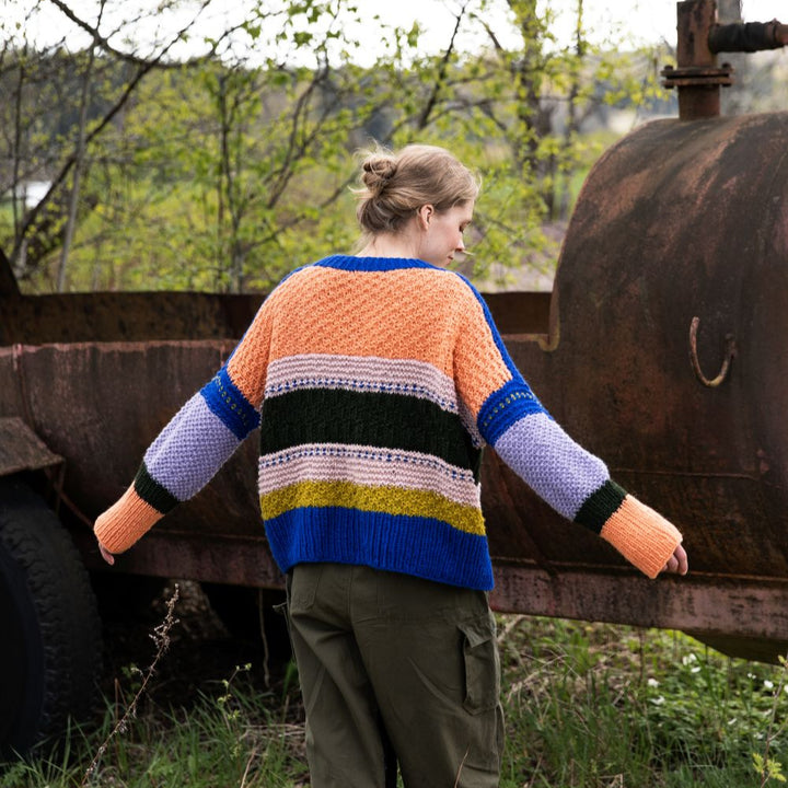 Person wearing a colorful striped sweater standing next to an old truck in a natural setting