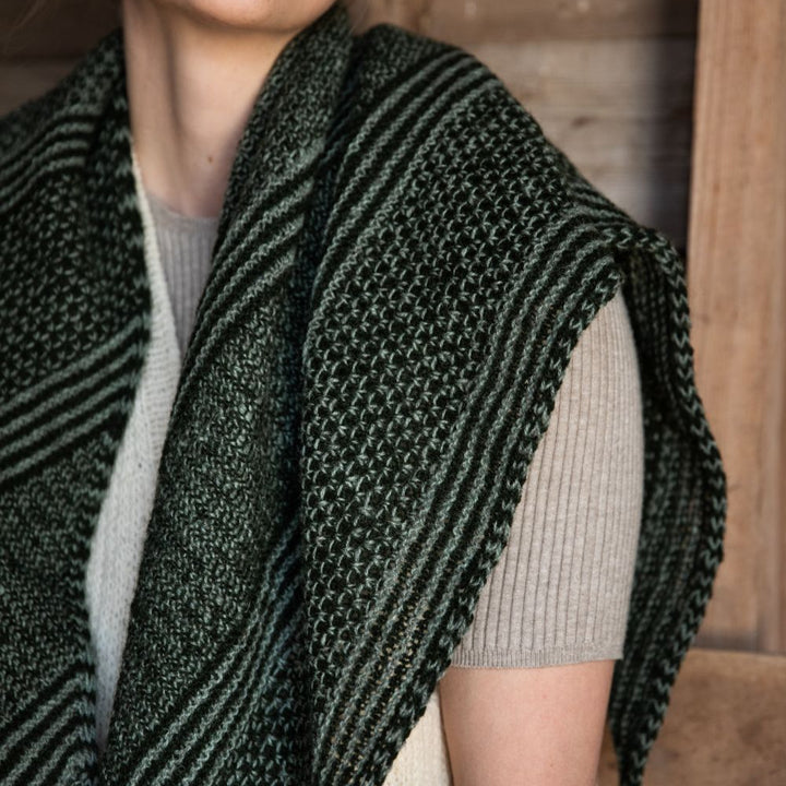 Person wearing a green and black striped shawl against a wooden background