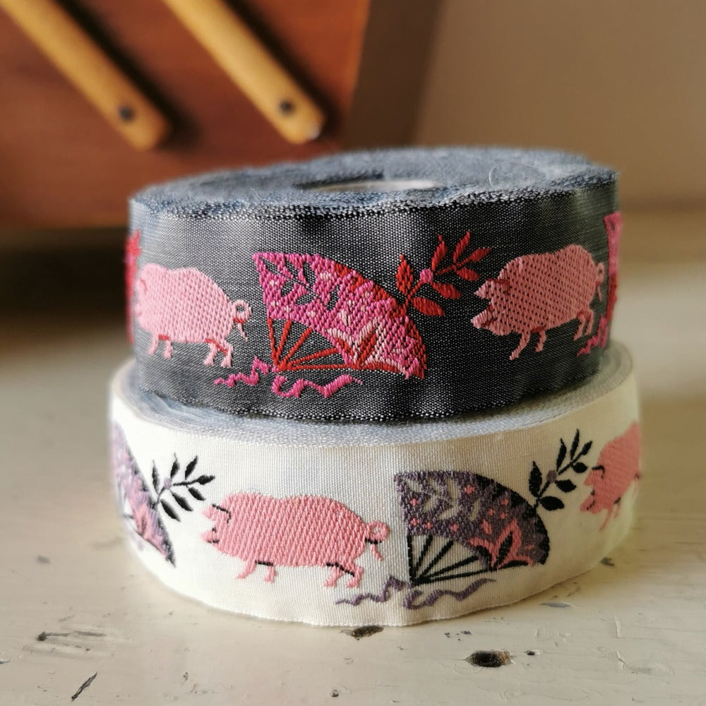 Kafka Pig & Fan Ribbon 25 mm wide - per 50 cm length